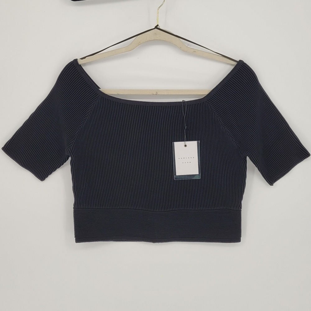 Endless Rose Black Ribbed Knit  Crop Top NWT Sz L Coquette Balletcore minimalist